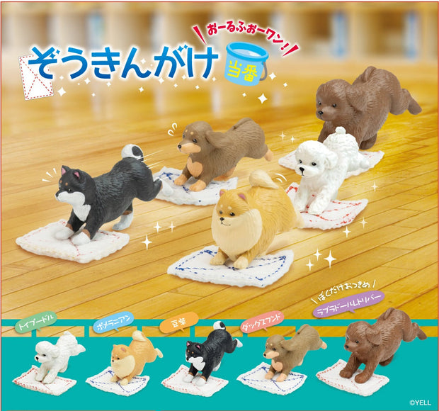 Visual graphic of small dog figurines, all pushing small white cleaning mats across the floor. There are 5 different dog breeds as options.