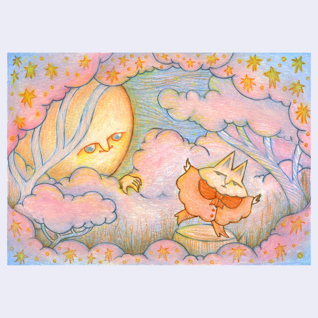 Colored pencil illustration, mostly in warm pinks, oranges and blue, of a large headed cat character wearing a red cloak and balancing on a tree stump. A large moon with a silly face watches over the cat.