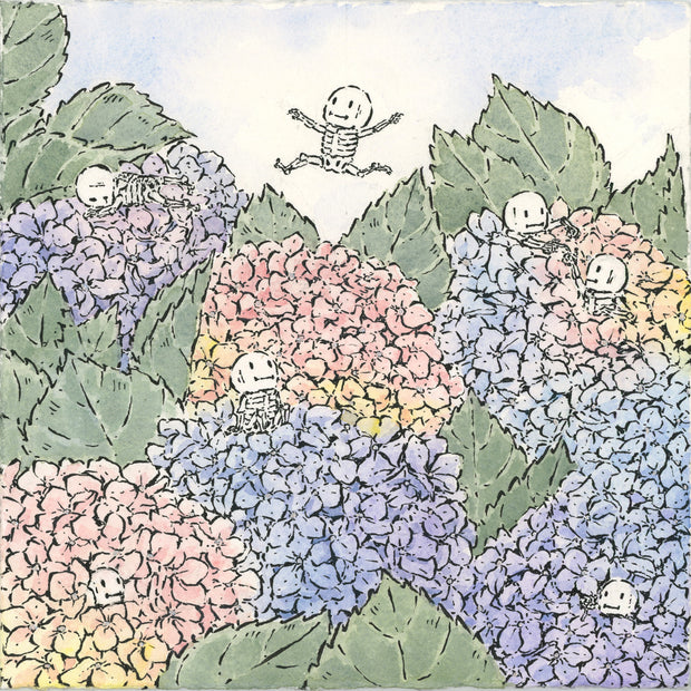 Ink and watercolor illustration of a 6 large hydrangeas, colored pastel purple and pink with muted green leaves. Small cartoon skeletons play among them.