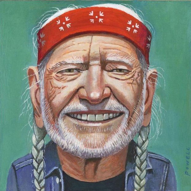 Caricature style painting of WIllie Nelson, with a larger than normal head. He smiles and wears a red patterned bandana and has his hair in braids. 