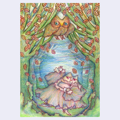 Colored pencil illustration of a cat wearing a large frilly dress, holding its hands up in fear and looking nervously to the side. Overhead is a bored looking owl, sitting at the intersection of 2 trees.