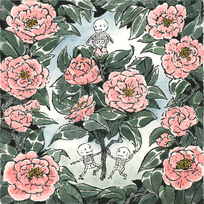 Ink and watercolor illustration of a cut bouquet of pink flowers, with 3 small cartoon skeletons hanging around them. Piece is framed by a wreath of flowers.