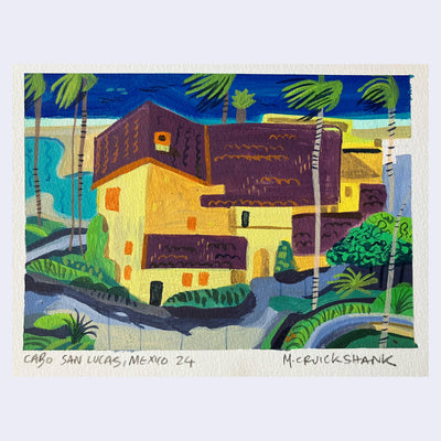 Plein air painting of a yellow house with a purple roof. A winding sidewalk leads up to it with various greenery and palm trees.