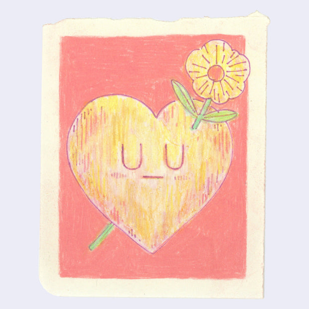 Colored pencil illustration of a yellow and pink heart, with a closed eye facial expression. It has a flower coming out atop its head. Background is pink.