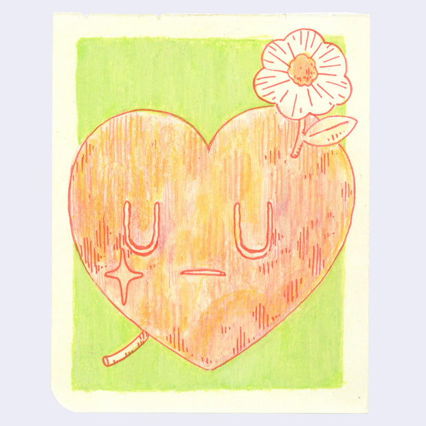 Colored pencil illustration of a yellow and red heart, with a closed eye expression and a flower coming out its head. It has a green background.