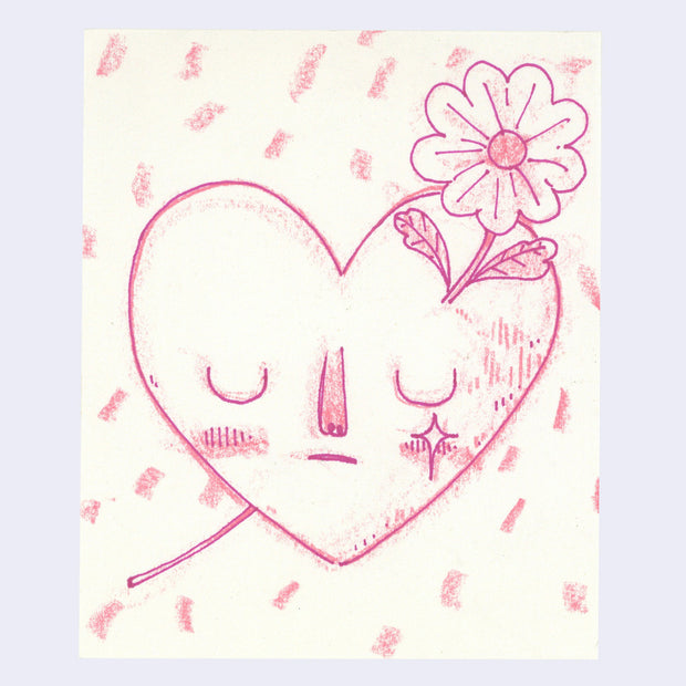 Colored pencil illustration of a pink heart with a closed eye expression, shedding a single star shaped tear. It has a flower coming out atop its head.