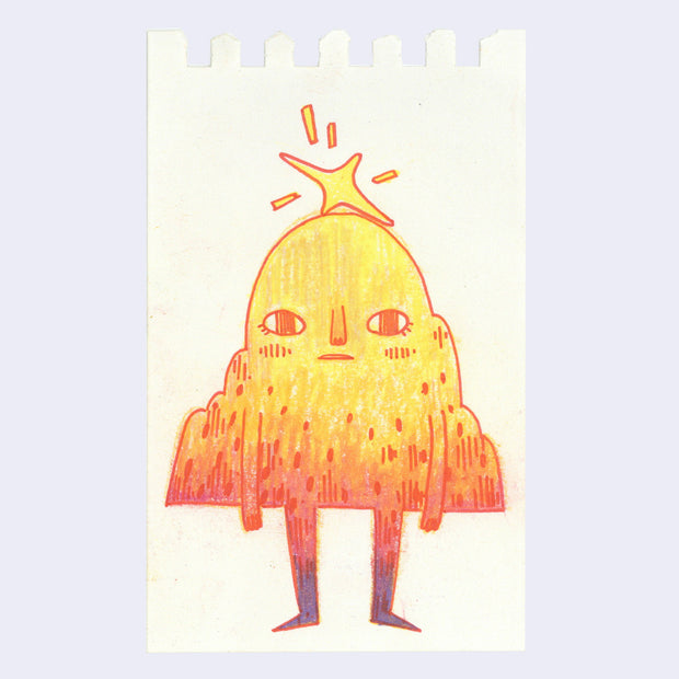 Colored pencil illustration of a gold, orange and purple mountain with a star atop its head. It stands with its hands at its side and a blank expression.