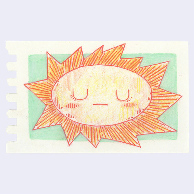 Colored pencil illustration of a sun with very pointy sun rays and a closed eye, calm facial expression.