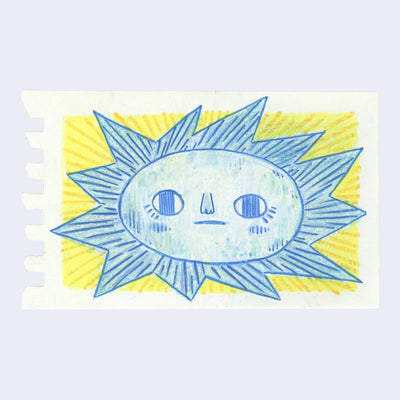 Colored pencil illustration of a sun with very pointy sun rays and an open eye, calm facial expression.