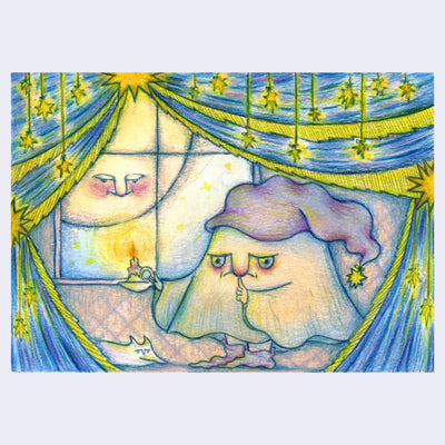 Colored pencil illustration of a cloaked ghost with a face of strong features. It wears a nightcap, socks and holds a candle in one hand and has his other finger over his mouth, signifying quiet. Blue and yellow curtains frame the scene, as a large moon looks in through the window.