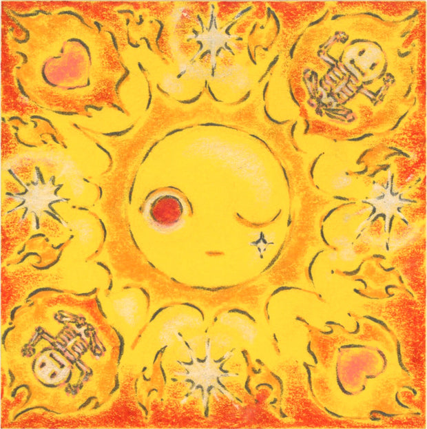 Illustration of a burning sun with a cute facial expression and small skeletons bursting out.