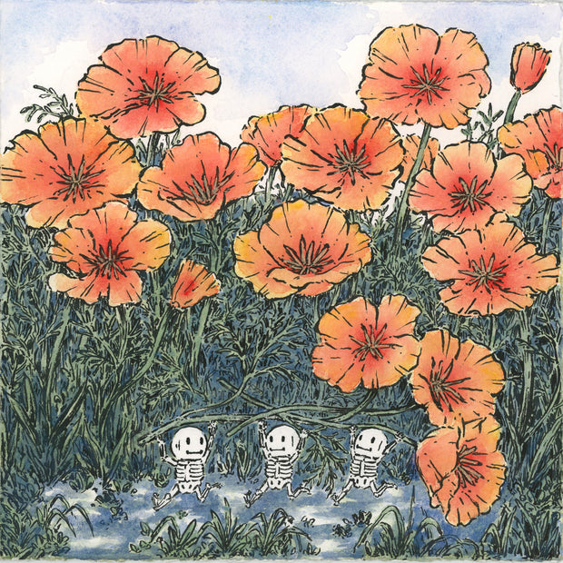 Ink and watercolor illustration of many orange poppy flowers growing, seen from the ground. 3 small cartoon skeletons carry a bouquet of them overhead.