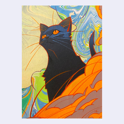 Painting of a black cat on a colorful, marbled background.