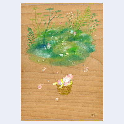 Painting on exposed wood panel of a small character covered in soap bubbles, sitting in a basket of an abstract hot air balloon. The "balloon" is a mass of greenery, with small characters blowing bubbles atop it.