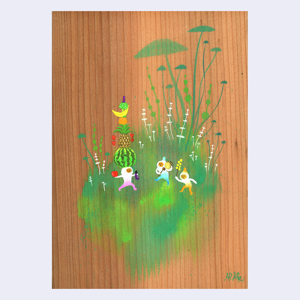 Painting on exposed wooden panel of a tuft of green grassy land with small cute costumed creatures walking. They hold fruit while one has a giant stack of different fruit balanced atop its head.