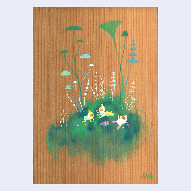 Painting on wooden board of a patch of green land with tall plants and small creatures in white outfits lounging on the grass with a sleeping yellow cat.