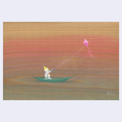 Painting on wood panel, with most of the grain showing through the painting, of a small green leaf floating and being used as a boat by 2 characters. They are dressed in white costume with a colorful pompom on their heads and they fly a pink  kite.