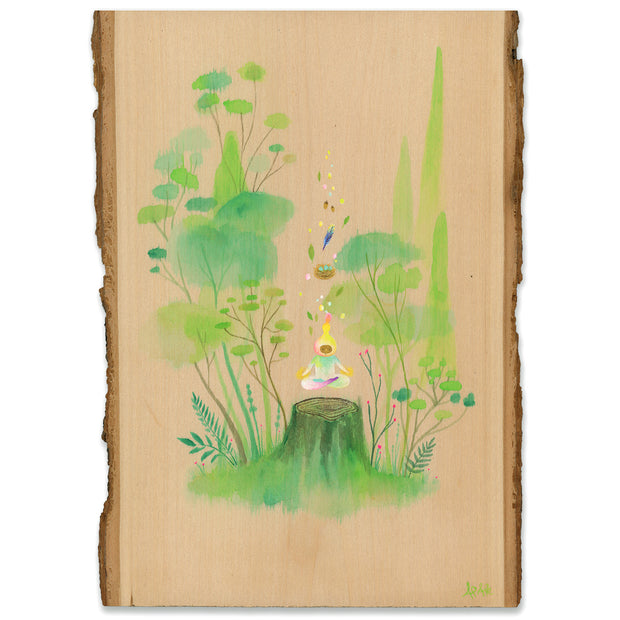 Painting on wood panel, mostly left exposed, of a person in a rainbow colored jumpsuit meditating and levitating over a wooden stump. Ghostly trees are nearby.