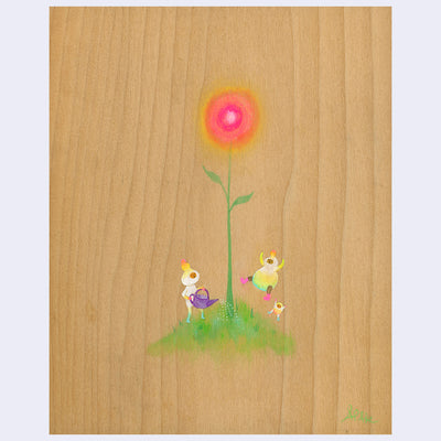 Painting on exposed wooden panel of 3 small characters wearing full body white, yellow and green suits. One waters a large pink blooming simple flower and the others jump in the air.