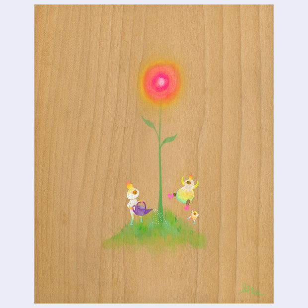 Painting on exposed wooden panel of 3 small characters wearing full body white, yellow and green suits. One waters a large pink blooming simple flower and the others jump in the air.