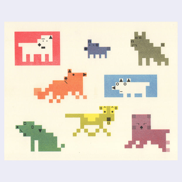 Risograph print of several dogs, made out of pixelized shapes and of varying breads and a rainbow assortment of colors.