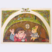 Colored pencil illustration of a child and a rabbit sitting in an underground burrowed home, furnished with some wooden furniture and food. They both smile and share a cup of tea. Above ground is much greenery with a large tree and mushrooms.