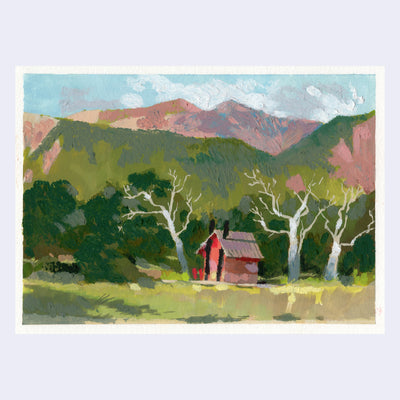 Plein air painting of a small red house in the center of a green field up against a tall orange mountain range. Barren trees are next to the house.