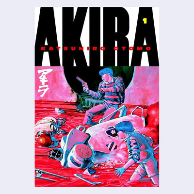 Cover of Akira Volume 1, with a mostly red illustrated scene of 2 young boys, standing in red water surrounded by various broken down mechanics, also submerged in the water. One of the boys wields a gun.