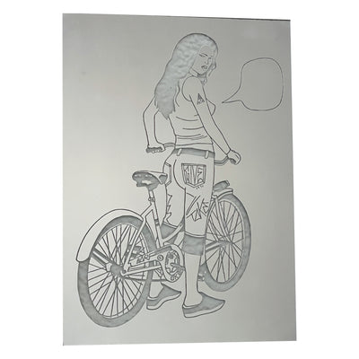 Stencil cut out of a mirrored surface of a girl standing over a bike, as if pausing from riding. She looks back over her shoulder and has an empty speech bubble.