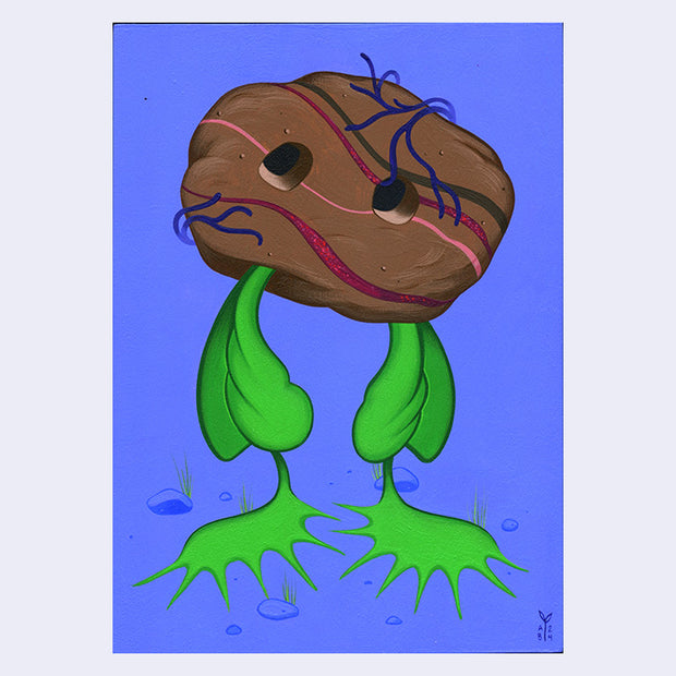 Painting on purplish blue background of a rock with 2 holes as eyes and legs that are shaped like venus fly traps. It has blue roots growing around its head.