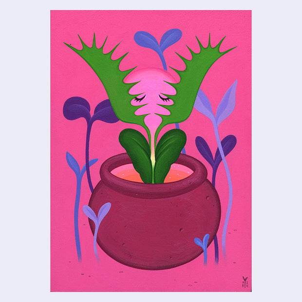 Painting on hot pink background of a rounded pot with a plant growing out of it. The center of the plant is pink with closed mascara'd eyes and the leaves are akin to a venus fly trap.