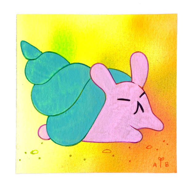 Painting of a cute pink character in a green shell, like a hermit crab.