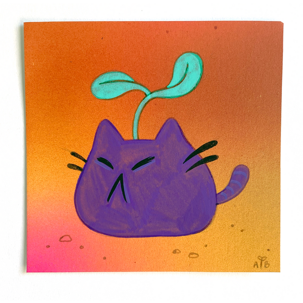 Painting of a cute purple cat character with a green sprout coming out of its head.