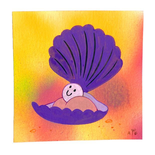 Painting of a purple shell, open to reveal a pink pearl with a cute smiley face.