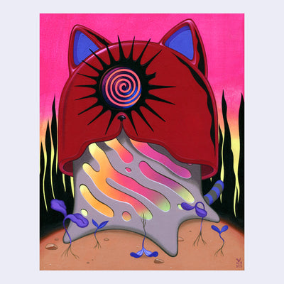 Painting of a red cat shaped helmet with a spiked spiral design in the center. It rests atop of a gray domed shaped short pillar with rainbow coloring within it. It rests atop of a sandy mound .