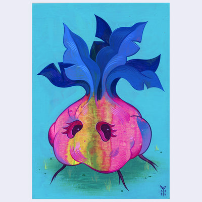 Colorful painting of a pink bulb of garlic with cute cartoon eyes and blue leaves sprouting atop it. Background is a light blue.