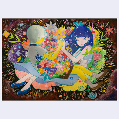 Painting of a girl and a yellow boy floating with their hands interlocked, only the girl's face is visible. Flowers blossom between them and explode outwards.