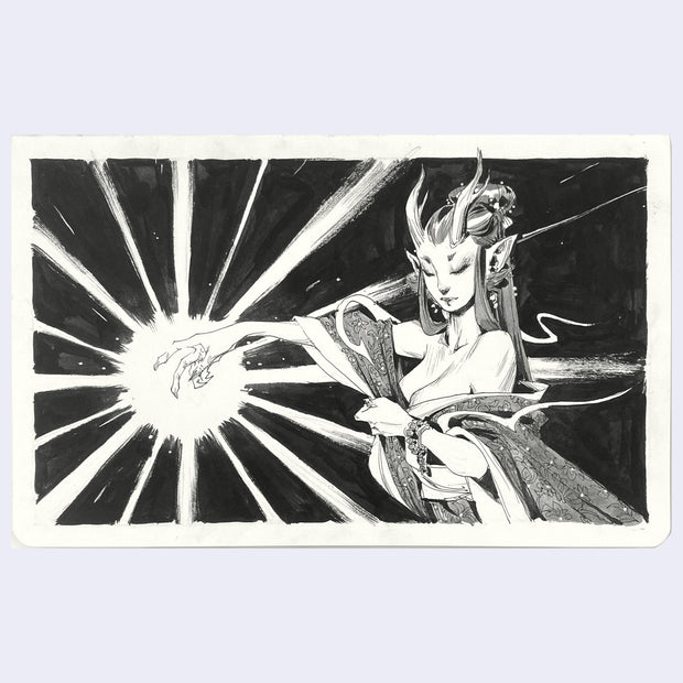 Ink sketch of a woman with horns and a hand extended out towards a radiant light.