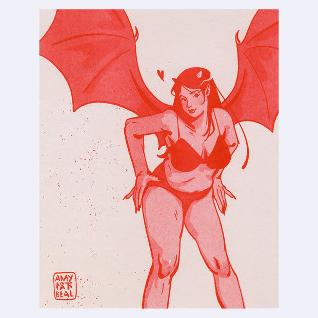 Red ink risograph print on muted pink paper of a girl in a bikini, with small horns and large bat wings. She leans slightly over and smiles.