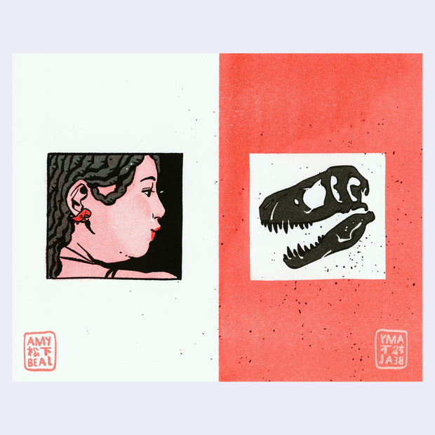 Print on cool toned paper, split into 2 vertical sections. Left section features a square illustration of a woman in profile looking to the right and smiling. Right side is a square shaped illustration of a dinosaur skull.