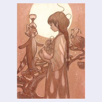 Mostly sepia toned illustration with warm browns. A girl stands in a robe and long braid and holds a large persimmon. She faces a standing red panda with an hourglass and behind is a bird holding a stopwatch.