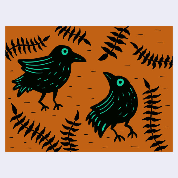 Illustration of 2 black birds with green eyes and feather patterning, looking at one another. They are surrounded by long black vines of leaves against an orange background.