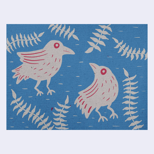 Illustration of 2 light gray birds with red eyes and feather patterning, looking at one another. They are surrounded by long gray vines of leaves against a blue background.