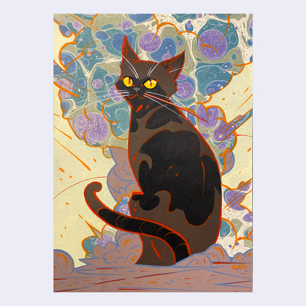 Painting of a black cat on a colorful, marbled background.