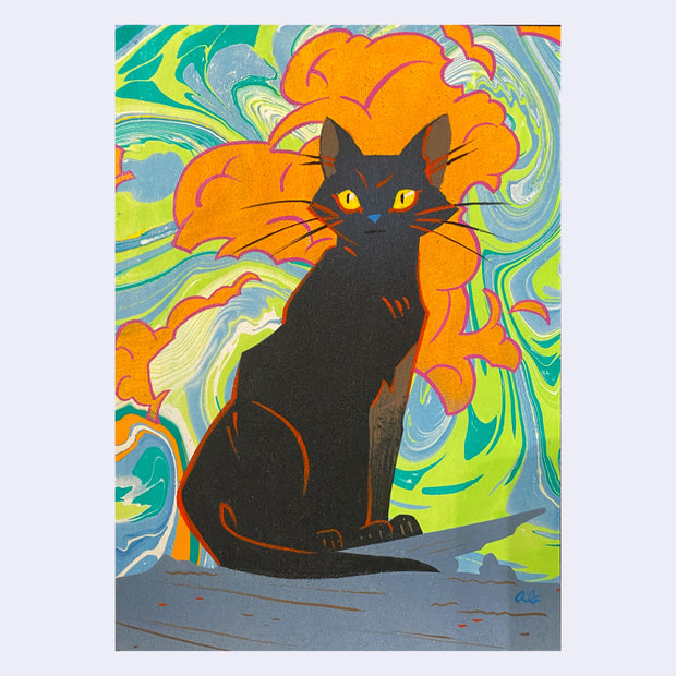 Painting of a black cat on a colorful, marbled background.