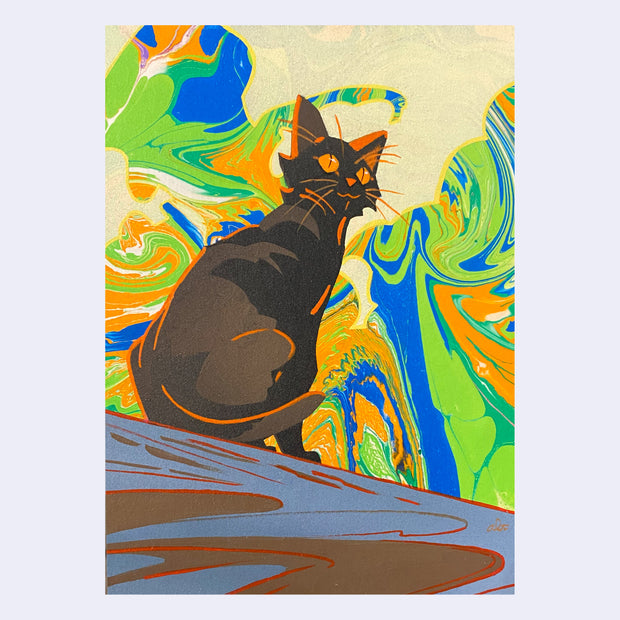 Painting of a black cat on a colorful, marbled background.