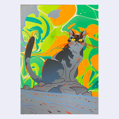 Painting of a black cat on a colorful, marbled background.