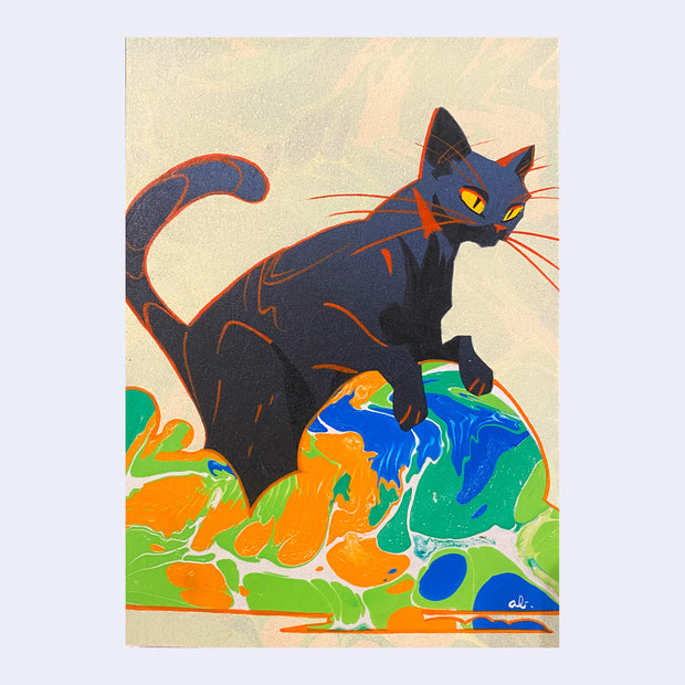 Painting of a black cat on a colorful, marbled background.