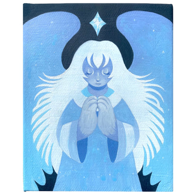 Blue monochromatic painting on canvas of a girl with a peaceful, closed eye expression, wind blown white hair and a robe. She has animal hands, which are placed together in prayer, large wings and a crystal atop her head.