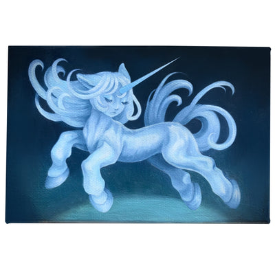 Blue monochromatic painting of a unicorn with the face of a girl, with a downcast gaze and a somber expression. It leaps mid air, with its hair wispy all around.